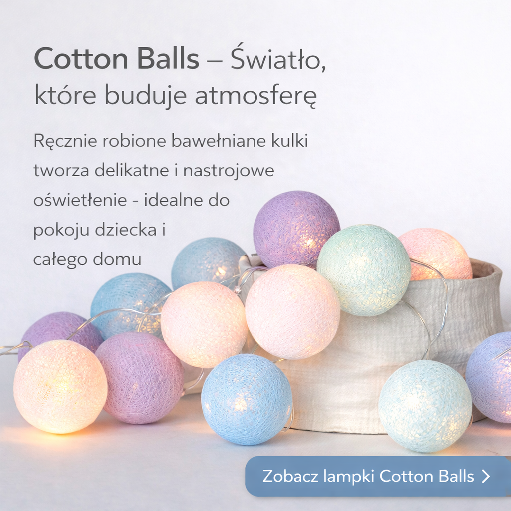 Lampki Cotton Balls – ręcznie robione bawełniane kulki, dekoracyjne oświetlenie do pokoju dziecka i domu